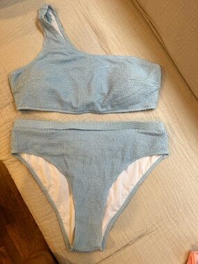 SHEIN Light Blue One-Shoulder Textured Bikini